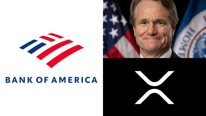 A collage shows the Bank of America logo alongside a portrait of CEO Brian Moynihan and the XRP cryptocurrency logo, visually illustrating the claim that Bank of America—a multi-trillion-dollar institution—reportedly uses XRP for all its internal transactions, as confirmed by Moynihan on FOX Business.