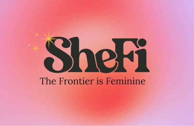 A logo graphic with the text 'SheFi' and the tagline 'The Frontier is Feminine' displayed on a pink-to-purple gradient background with star sparkles.