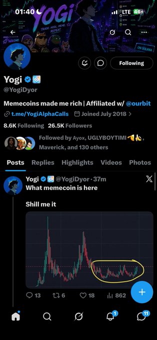 A mobile screenshot of the X (Twitter) profile 'Yogi' (@YogiDyor) with the bio 'Memecoins made me rich', displaying a post with a meme coin chart circled in yellow.