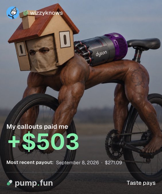 A surreal muscular figure with a house and Dyson vacuum for a head rides a bicycle, advertising "My callouts paid me +$503" on Pump.fun, with the most recent payout dated September 8, 2026, at $271.09—visually celebrating the creator's milestone of surpassing $500 in callout rewards.