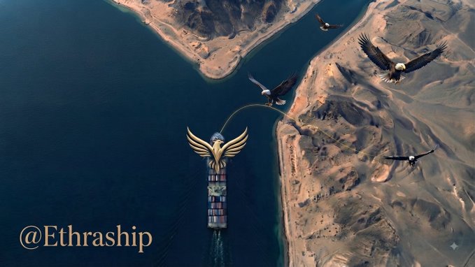 An aerial view shows a cargo ship navigating a narrow waterway between arid desert shores, soaring eagles flying alongside, and the "@Ethraship" watermark in the bottom-left corner. The image visually ties into the post by illustrating the real-world maritime shipping operations that underpin the blockchain-based Ethra Ship project, highlighting the physical economy experience behind the tokenized infrastructure.