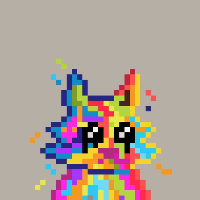 A colorful pixel-art kitten with large black eyes is rendered in a mosaic of vibrant squares, with small colored pixels scattered around like confetti against a gray background. The playful, "crypto gm" (good morning) vibe pairs well with the cheerful "gm" greeting, evoking a fun Web3 art style.
