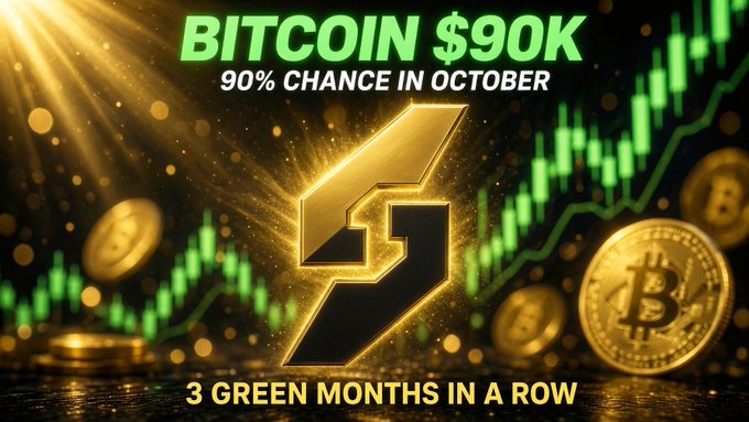 A graphic with gold text reading 'BITCOIN $90K - 90% CHANCE IN OCTOBER' and '3 GREEN MONTHS IN A ROW' over a background of green candlestick charts and Bitcoin coins.