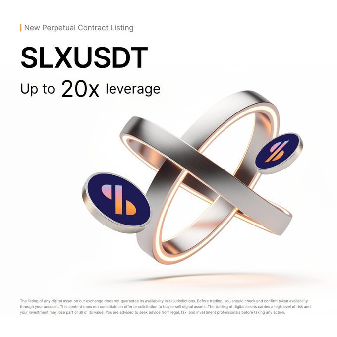 The image features a silver ring with two crossed rings, which are the main objects in the picture. The text "SLXUSDT" is written above the ring, while "Up to 20x leverage" is below it. This suggests that there might be some sort of financial or investment opportunity related to the ring and its design.