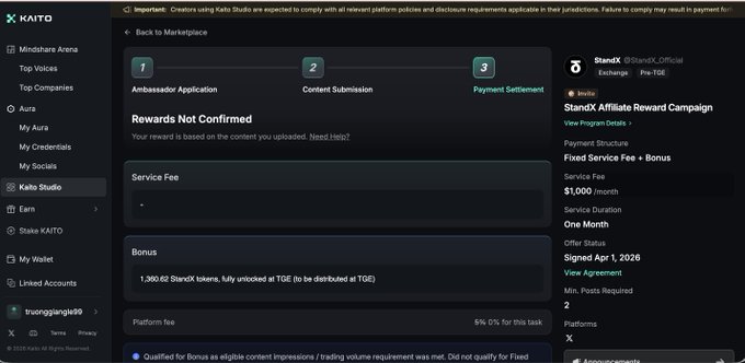 A screenshot of the Kaito Studio dashboard showing a "StanDX Affiliate Reward Campaign" with a "Rewards Not Confirmed" status and a status of "Signed: Apr 1, 2026".