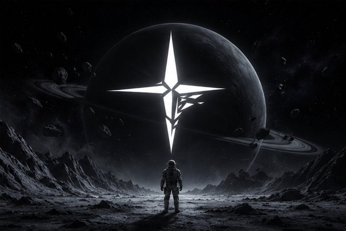 A solitary astronaut stands on a desolate rocky landscape, gazing up at a massive ringed planet with a glowing, star-shaped emblem emblazoned across its dark surface.