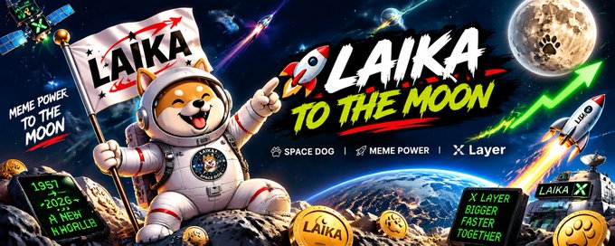 A vibrant promotional graphic features a Shiba Inu in a space suit holding a "LAIKA" flag, with text reading "LAIKA TO THE MOON", "MEME POWER TO THE MOON", "SPACE DOG | MEME POWER | X Layer", "1957 2026 A NEW WORLD", and "X LAYER BIGGER FASTER TOGETHER".