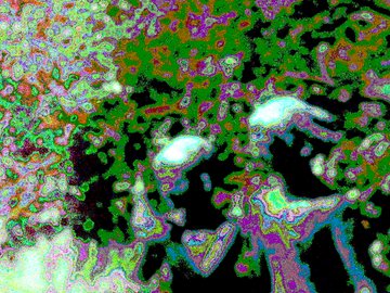 A highly stylized, colorful, and distorted abstract image featuring green, purple, and white splotches against a black background, with two bright spots resembling glowing eyes.