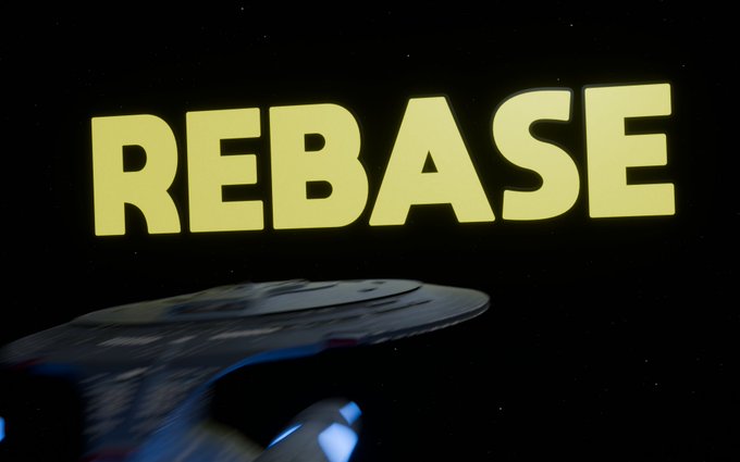A graphic featuring the word 'REBASE' in yellow text above a Star Trek starship against a starry background.