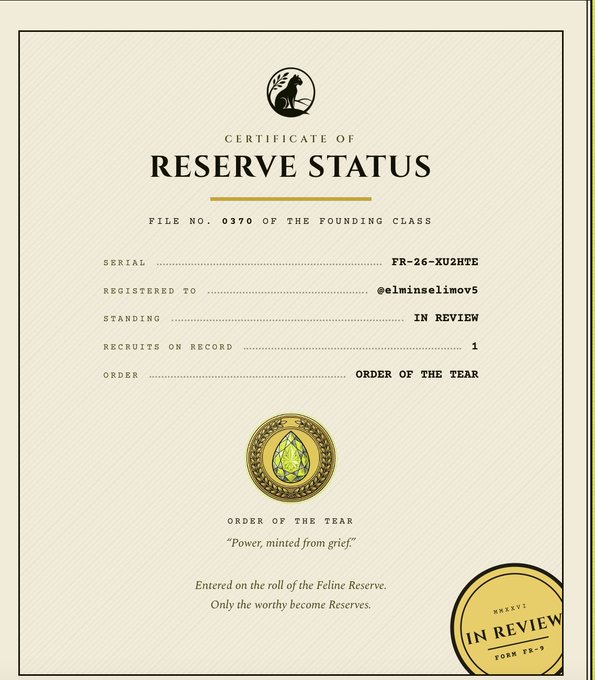 A 'Certificate of Reserve Status' (File No. 0370) registered to @elminselimov5, belonging to the Order of the Tear, currently marked 'In Review'.