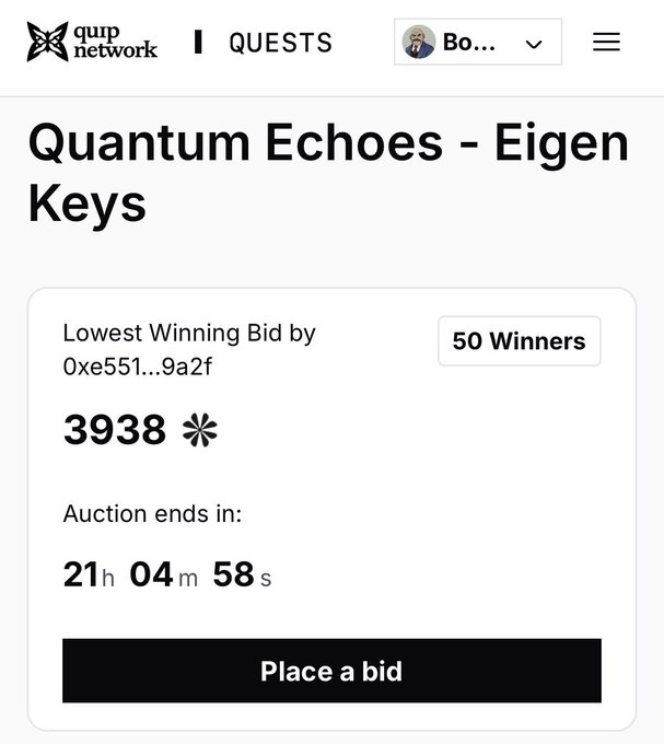 A QURP Network 'Quests' auction page for 'Quantum Echoes - Eigen Keys' showing 50 Winners, a lowest winning bid of 3938, and 21h 04m 58s remaining with a 'Place a bid' button.