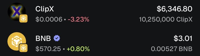 Cryptocurrency price listings showing ClipX at $6,346.80 (down 3.23%) and BNB at $570.25 (up 0.80%) with their token amounts.