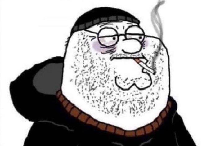 The image features a cartoon depiction of an older man with a beard, wearing glasses and smoking a cigarette. The man appears to be wearing a black jacket or hoodie. The caption below the image reads "Higher imo $WOJAK on ETH @wojakcto". This suggests that the image is related to a discussion about the artist's work or possibly an online art community where people share and discuss their creations.
