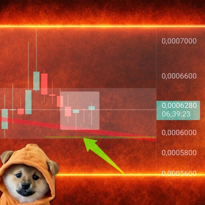 A financial candlestick chart on a red background showing a downward trend, featuring a green arrow pointing to a green line, price values, the time '06:39:23', and a Shiba Inu dog wearing a brown hood in the bottom left corner.