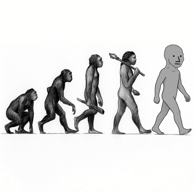 An illustration depicting human evolution from ape to modern man, where the final figure is depicted as a grey, faceless humanoid walking upright.