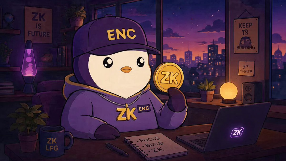 The image features a cartoon penguin wearing a purple hoodie sitting at a desk with a laptop computer, holding a gold coin. The background of the image shows a city skyline at night, suggesting that they are in an urban setting. The text "zksync did something in between Post-2023 SVB-style stress, deposit competition became much more intense for regional banks and stablecoins accelerated after the 2025 GENIUS Act". This implies that there is a significant shift happening in the banking industry due to new regulations or technological advancements.