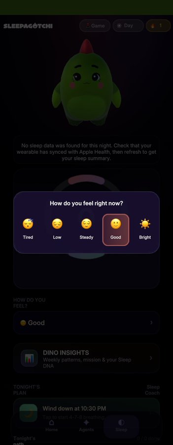 A screenshot of a sleep tracking app called 'SLEEPAGOTCHI' featuring a green dinosaur mascot and a mood selection interface where 'Good' is selected.