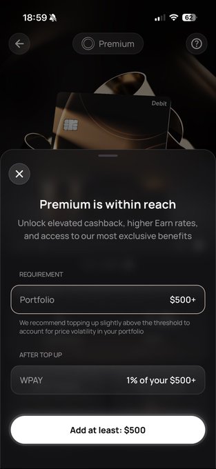 A mobile app screen shows a 'Premium' tier upgrade prompt reading 'Premium is within reach' with a $500+ portfolio requirement.