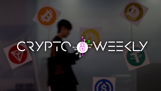 The image features a blurred figure standing in front of a glass surface adorned with various cryptocurrency logos, including Bitcoin and Ethereum, with the "CRYPTO WEEKLY" banner and a pink padlock icon overlaid across the center. This visually represents the security and digital currency themes central to the accompanying article about "Crypto Weekly: MAGA Inc readies for midterms, Crypto.com gets a boost."