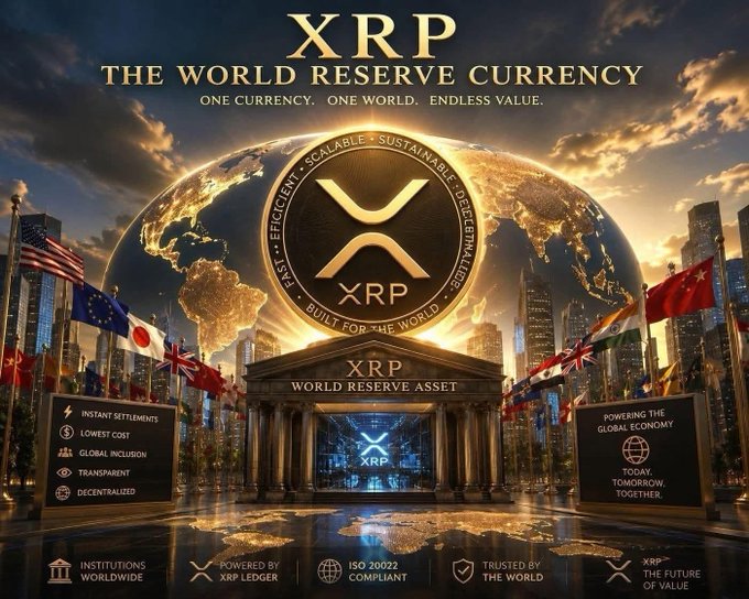 The image features a large globe with the words "XRP" written above it, surrounded by flags from various countries. The backdrop includes a city skyline at sunset, creating an atmosphere of global interconnectedness. The text in the image suggests that XRP is revolutionizing the way money moves and is building a future where value flows as fast as digital messages.