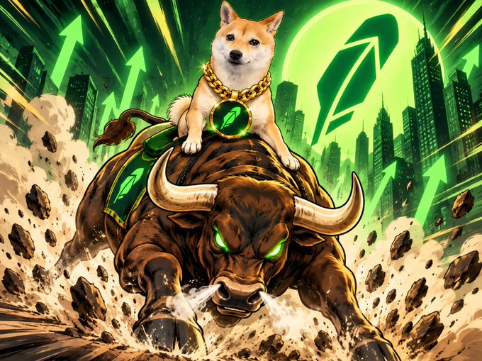 A digital artwork showing a Shiba Inu dog wearing a gold chain with a rocket pendant, riding a charging bull with glowing green eyes, set against a green cityscape with upward-pointing arrows indicating a bullish market trend.