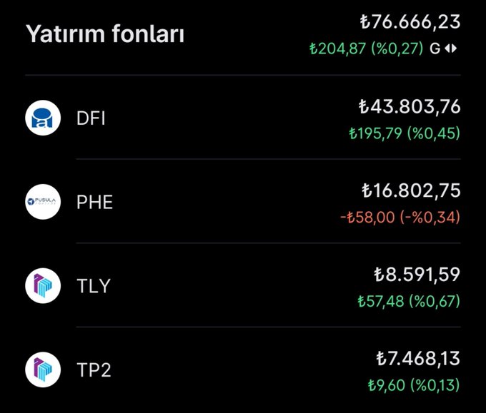 A screenshot of an investment funds portfolio (Yatırım fonları) showing a total of ₺76,666.23 with a daily gain of ₺204.87 (+0.27%), listing four funds: DFI at ₺43,803.76 (+0.45%), PHE at ₺16,802.75 (-0.34%, the only fund in the red), TLY at ₺8,591.59 (+0.67%), and TP2 at ₺7,468.13 (+0.13%)—matching the poster's mention of a ₺204 daily gain and their disappointment with PHE's performance despite overall portfolio growth.