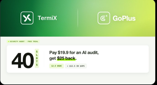A promotional banner for "TermiX" and "GoPlus" offering a security audit deal: "Pay $19.9 for an AI audit, get $25 back," with stats showing 40 SLOS, 12.5 USDC, and 112.1 IN $GPS.