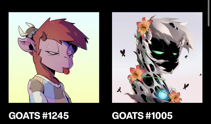 Two digital illustrations of anthropomorphic goat characters are displayed side by side on a black background, labeled 'GOATS #1245' and 'GOATS #1005'.