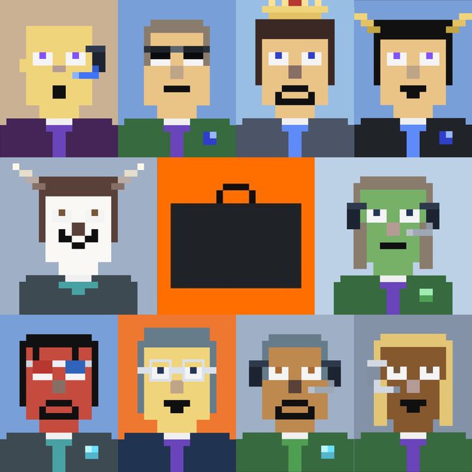 Pixel art portraits arranged in a 3x3 grid featuring nine diverse character avatars—including a king, horned figure, skull-faced character, and figures with headsets—surrounding a central black briefcase icon on an orange background. The image visually represents the "Stonk Broker" NFT collection mentioned in the post, showcasing the variety of pixel character assets that were "shopped" and added to the collection.