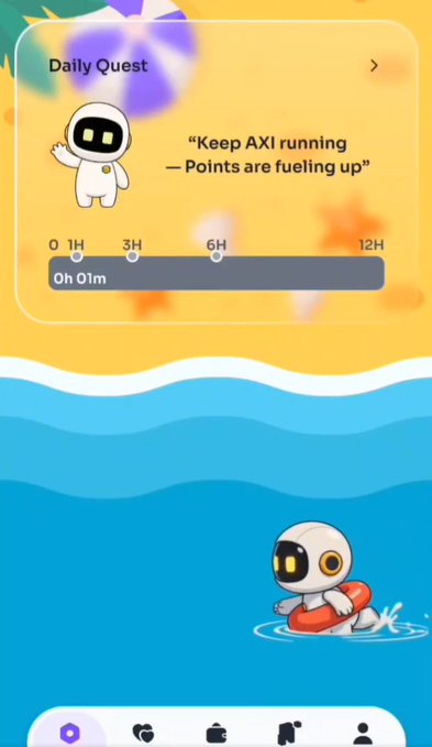 The image shows a mobile app screen for "Daily Quest" featuring a cute robot mascot with the instruction "Keep AXI running — Points are fueling up," displaying a timer at 0h 01m on a 12-hour progress bar, alongside another robot floating on a life preserver in water. This relates to the post about Alphea Network's AI infrastructure and DePIN project, highlighting an early engagement opportunity where users can earn points by running the AXI node.