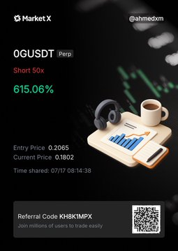 The image is a promotional trade announcement from Market X showing a highly successful short position on OGUSDT Perp with 50x leverage, achieving a 615.06% gain, with an entry price of 0.2065, current price of 0.1802, and shared at 07/17 08:14:38. This aligns with the post celebrating another profitable take-profit hit, as the impressive percentage gain reflects the successful trade being celebrated alongside the trader's community.
