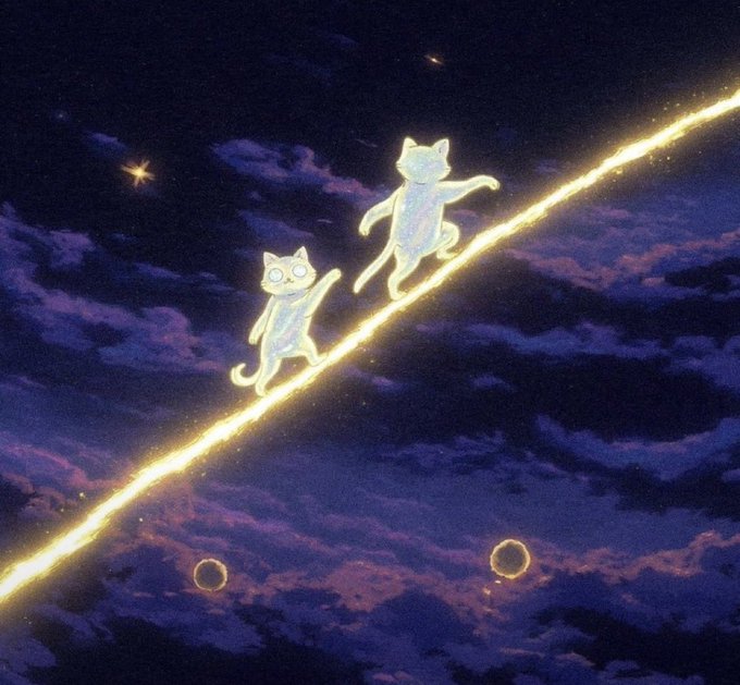 Illustration of two glowing, ghostly white cats walking along a golden beam of light against a purple and dark blue starry sky.