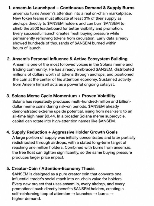 The image lists 5 bullish reasons for $ANSEM, including the ansem.io Launchpad with continuous burns, Ansem's personal influence in the Solana meme community, Solana's proven meme cycle momentum (mentioning $ANSEM reaching $0.44), aggressive supply reduction goals (1 million holders), and a creator-coin attention-economy thesis. It serves as a visual breakdown supporting the post "5 reasons why I'm bullish on $ANSEM" by outlining each catalyst—Launchpad burn mechanics, Ansem's ecosystem involvement, prior 50x+ price surge from near-zero to $0.44, long-term holder growth targets, and a self-reinforcing attention-to-launch-to-burn loop.