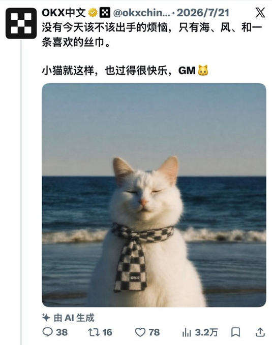 A Twitter/X post from OKX中文 (@okxchin...) dated 2026/7/21 featuring an AI-generated image of a white cat wearing a checkered scarf at the beach, with Chinese text and engagement metrics showing 38 comments, 16 reposts, 78 likes, and 3.2万 views.