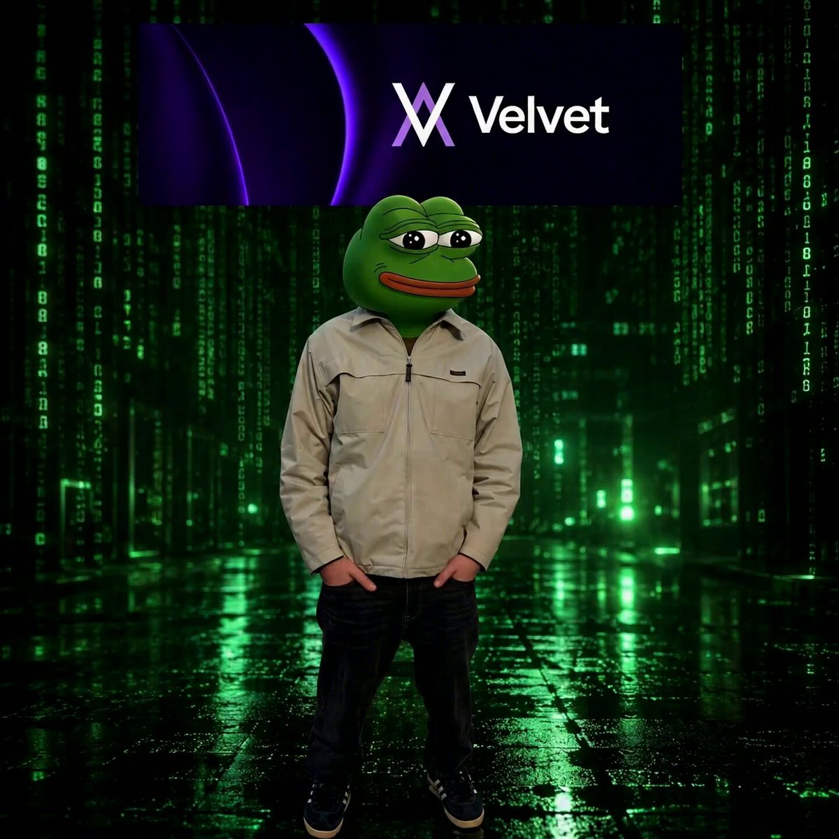 The image features a man wearing a frog mask with his hands in his pockets against a backdrop of green screens displaying the word "velvet" along with an X logo. The man appears to be standing in front of a building, possibly a virtual one due to the digital elements surrounding him. The post seems to be promoting a service or product related to velvet and digital assets, as indicated by the frog mask and the use of green screens for branding purposes.