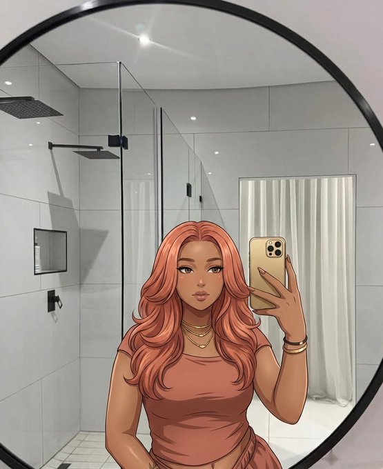 A digital illustration of a woman with long, wavy strawberry-blonde hair wearing a coral-colored top, taking a mirror selfie with a gold smartphone in a modern bathroom with a glass shower enclosure.