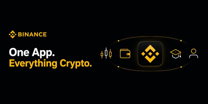 A Binance promotional banner reading "One App. Everything Crypto." alongside the Binance logo and icons representing trading, wallets, education, and user profiles—visually reinforcing the post's message about consolidating all crypto activities into a single super app.