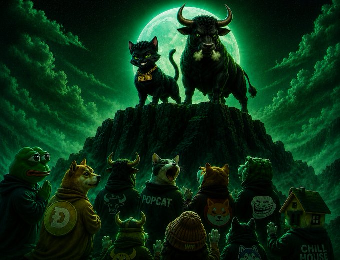 A dark, atmospheric digital illustration shows a black panther and a large horned bull standing atop a rocky cliff silhouetted against a glowing green full moon. Below, a crowd of hooded figures featuring internet meme characters (including Pepe and Doge) and various cat-themed hoodies with visible text like "POPCAT," "Doge," "WIF," and "CHILL HOUSE" gather looking up, with the bull wearing a collar reading "CAT INU."