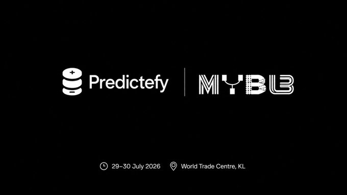 A black promotional banner for an event featuring the logos "Predictefy" and "MYB13," taking place on "29-30 July 2026" at the World Trade Centre, KL.