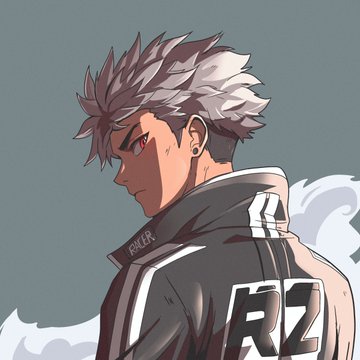 An anime-style illustration of a young man with spiky white hair and red eyes looking over his shoulder, wearing a gray jacket marked with 'R2' on the back.