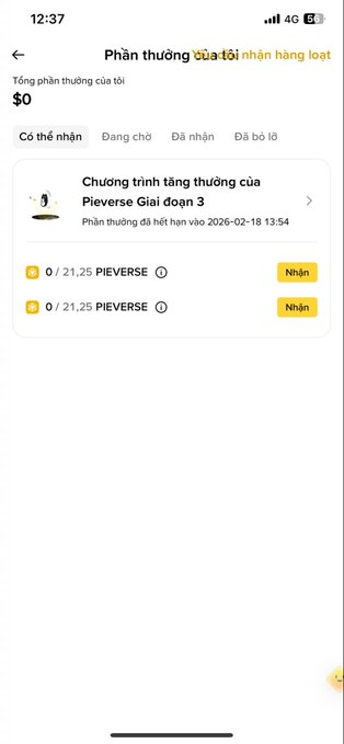 A mobile app screenshot in Vietnamese showing a rewards page for 'Pieverse Giai đoạn 3' with pending PIEVERSE token rewards to claim.