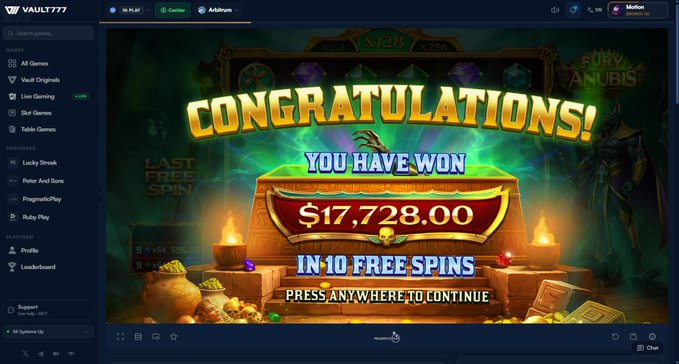 A screenshot from VAULT777 displays a "CONGRATULATIONS! YOU HAVE WON $17,728.00 IN 10 FREE SPINS" pop-up on a slot game called "Fury of the Nubius," which the post uses to falsely claim winning 20k in order to solicit Ethereum wallet addresses—a common scam tactic.