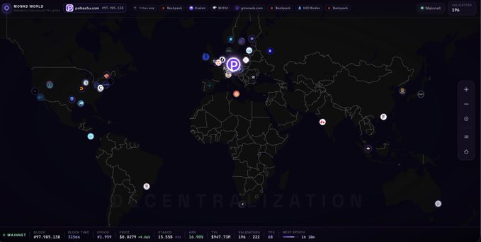 Screenshot of the MOB3 World map interface showing a dark-themed world map with various blockchain network location markers, titled 'DECENTRALIZATION' with wallet statistics at the bottom.
