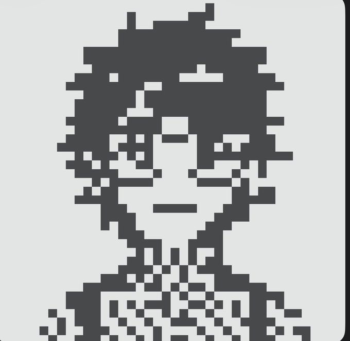 A pixel art portrait depicts a character with dark messy hair and a checkered shirt, rendered in a simple monochrome retro style.