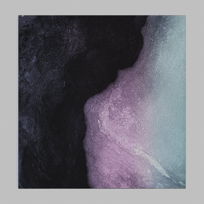 An abstract image featuring dark black, purple, and light blue textured colors with a curved, organic edge separating the tones.