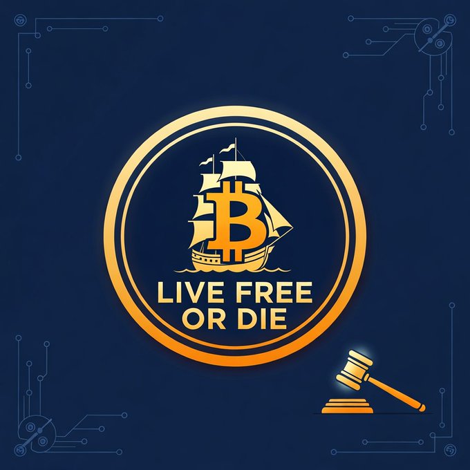A gold circular emblem featuring a sailing ship with a Bitcoin 'B' as its sail, captioned 'LIVE FREE OR DIE', with a judge's gavel icon below and circuit-board styling in the corners.
