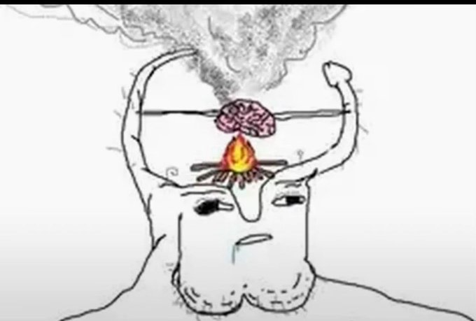 An upside-down stick-figure character with a fire and a brain for a head, depicted with smoke billowing upward, symbolizing heated overthinking. The image humorously relates to the post's question by visualizing the "brain on fire" state of someone anxiously debating whether the Clarity Act will send altcoins "to the moon" or "to the trash."