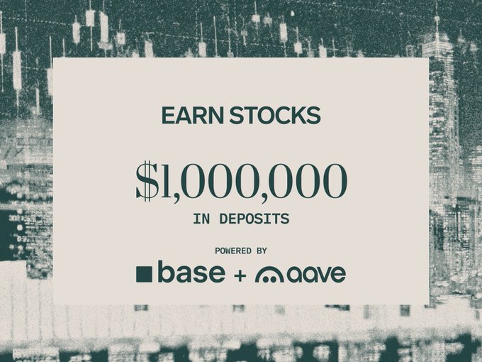 A graphic advertisement featuring a cityscape background with the text 'EARN STOCKS $1,000,000 IN DEPOSITS POWERED BY base + aave'.