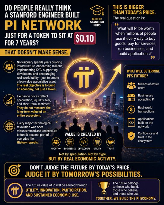 An infographic promoting Pi Network cryptocurrency, arguing that its low current price of $0.10 doesn't reflect its true value, highlighting that Stanford PhDs spent 7 years building the network and emphasizing real-world utility over speculation.