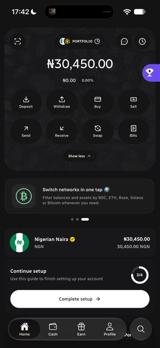 A smartphone screenshot of the Portfolio crypto app displaying a balance of ₦30,450.00 with options including Deposit, Withdraw, Buy, Sell, Send, Receive, Swap, and Bills.